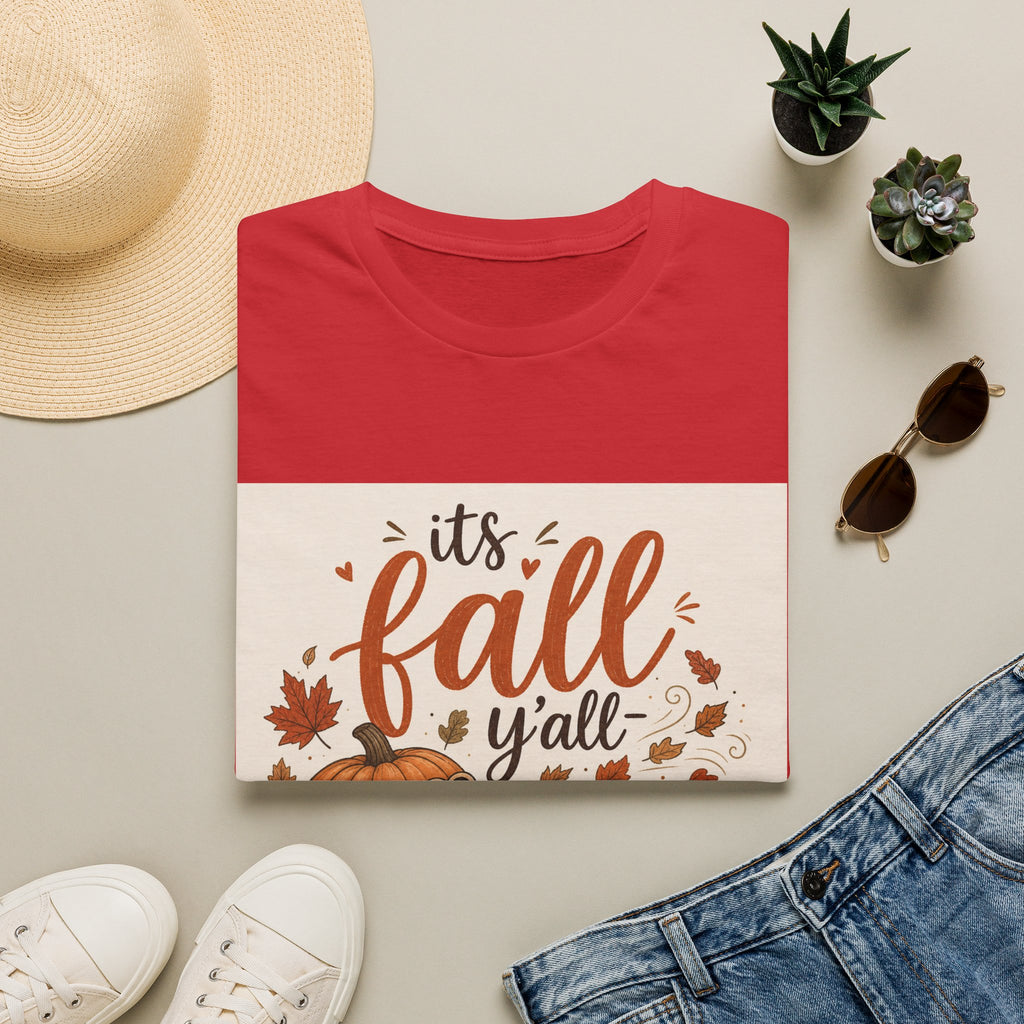 Fall Graphic T-Shirt — "It's Fall Y'all" Pumpkin & Leaves Autumn Tee