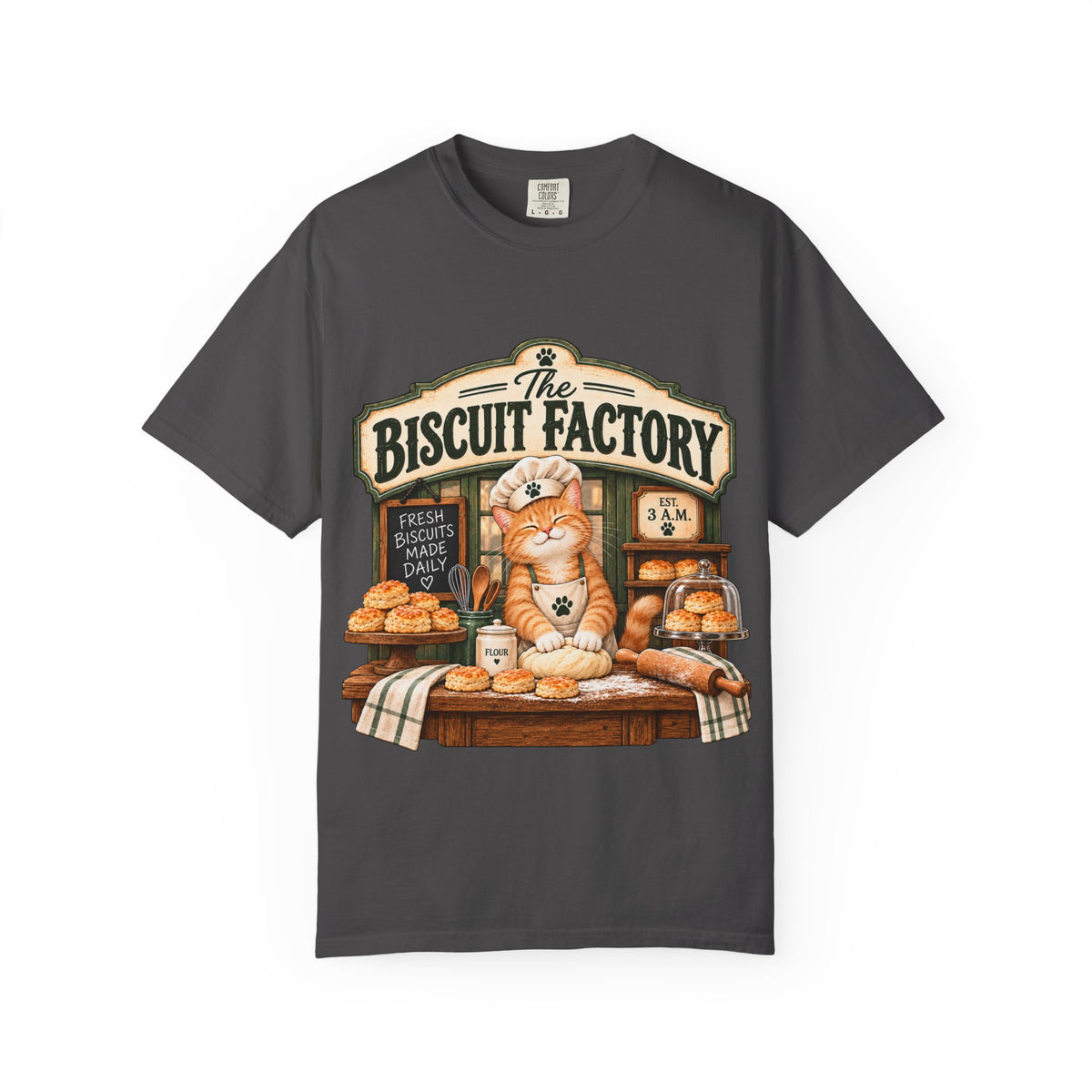 The Biscuit Factory Cat Tee — Double-Sided Bakery Cat Shirt