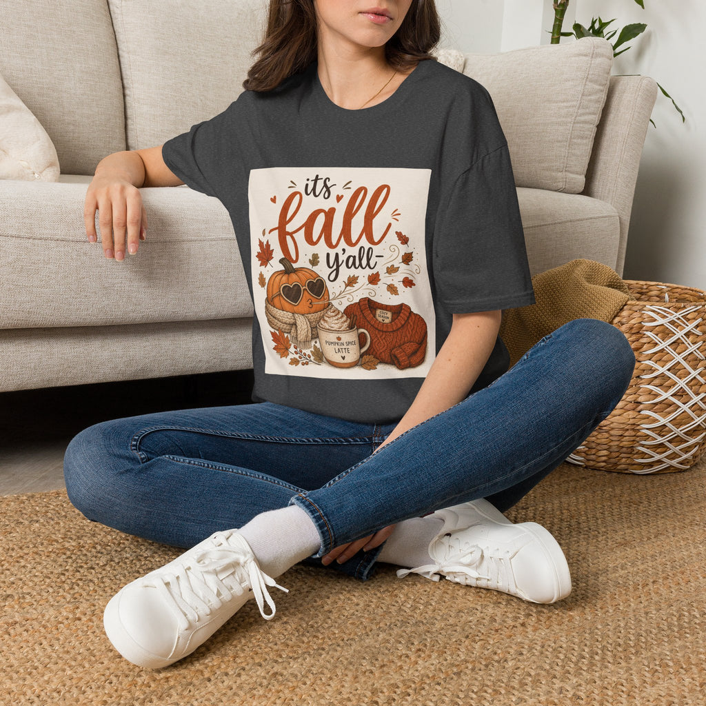 Fall Graphic T-Shirt — "It's Fall Y'all" Pumpkin & Leaves Autumn Tee