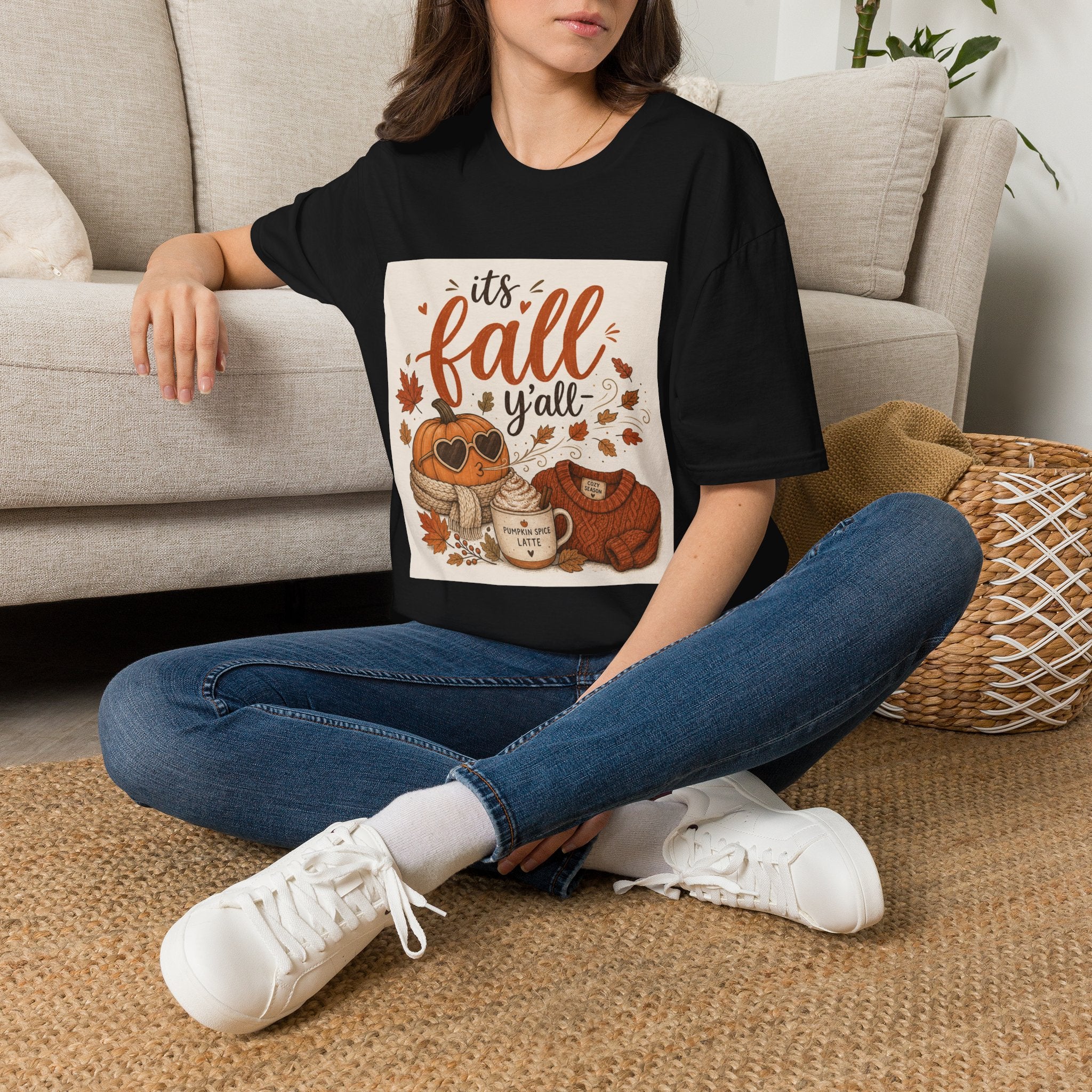 Fall Graphic T-Shirt — "It's Fall Y'all" Pumpkin & Leaves Autumn Tee