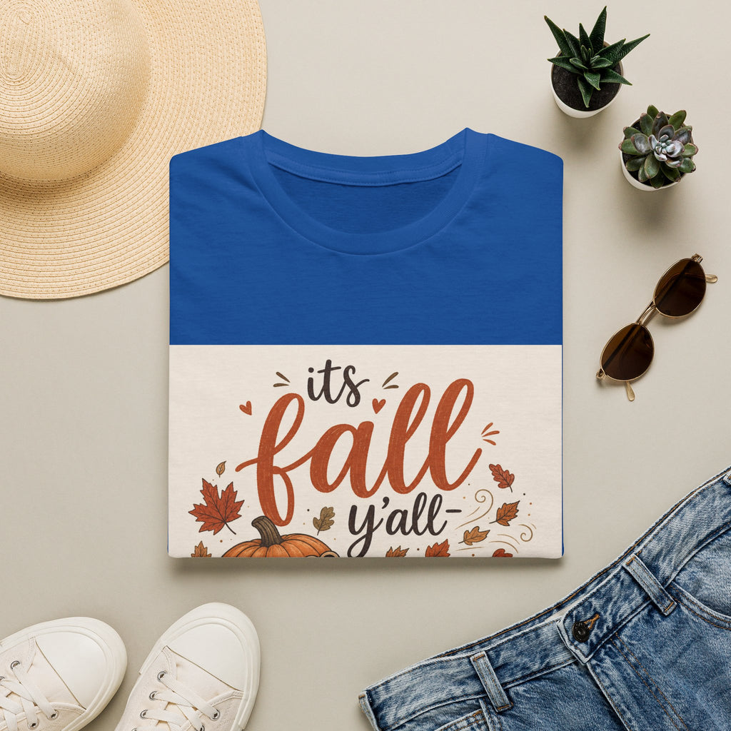 Fall Graphic T-Shirt — "It's Fall Y'all" Pumpkin & Leaves Autumn Tee