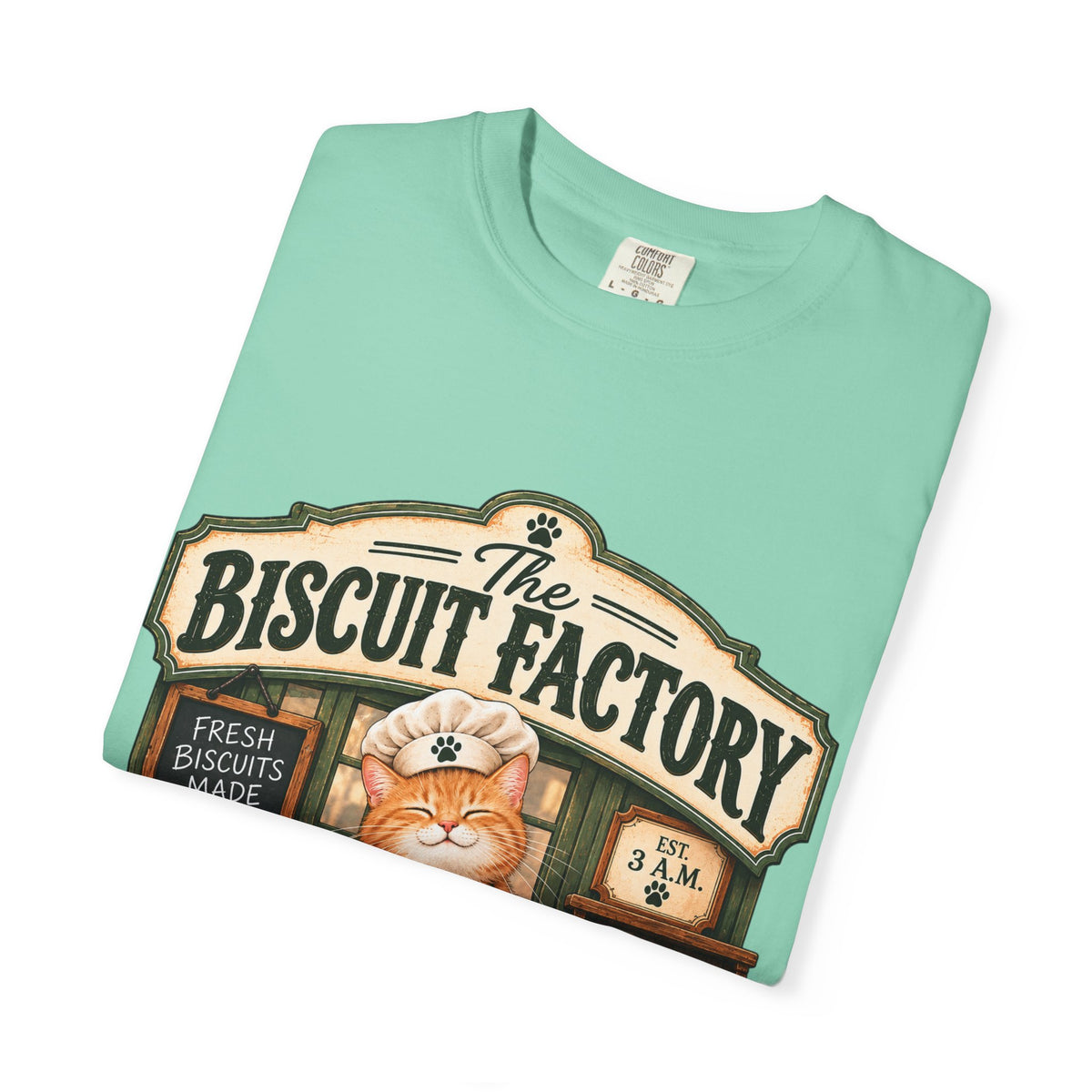 The Biscuit Factory Cat Tee — Double-Sided Bakery Cat Shirt