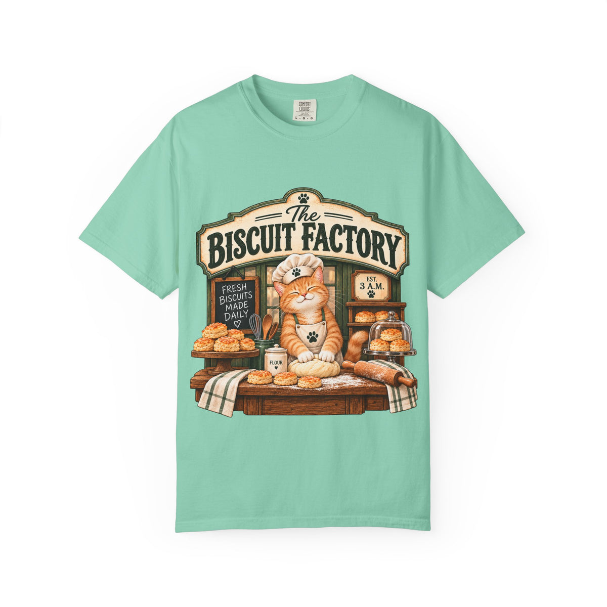 The Biscuit Factory Cat Tee — Double-Sided Bakery Cat Shirt