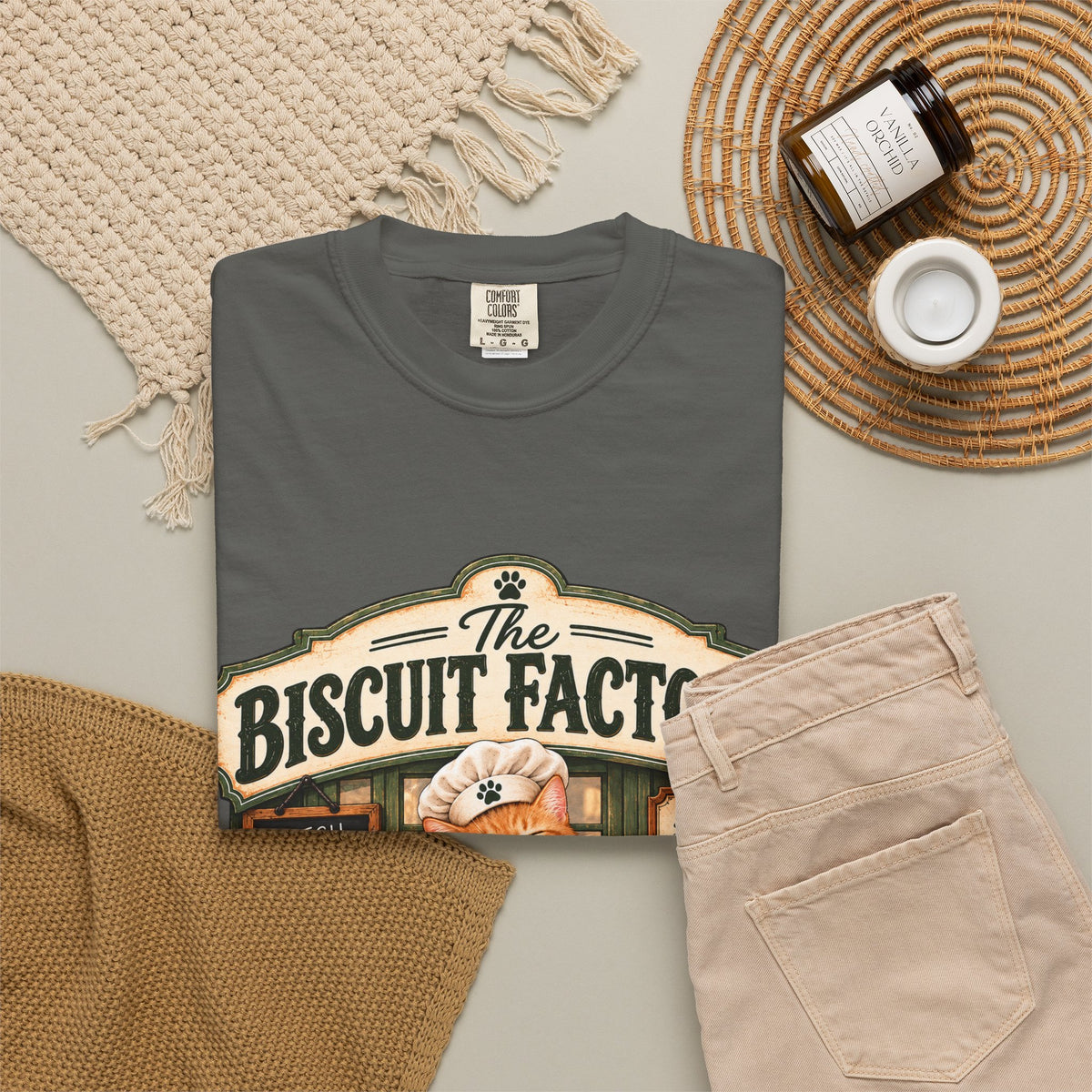 The Biscuit Factory Cat Tee — Double-Sided Bakery Cat Shirt