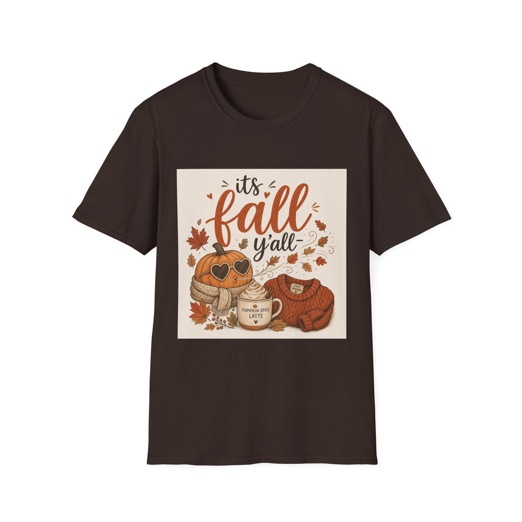 Fall Graphic T-Shirt — "It's Fall Y'all" Pumpkin & Leaves Autumn Tee