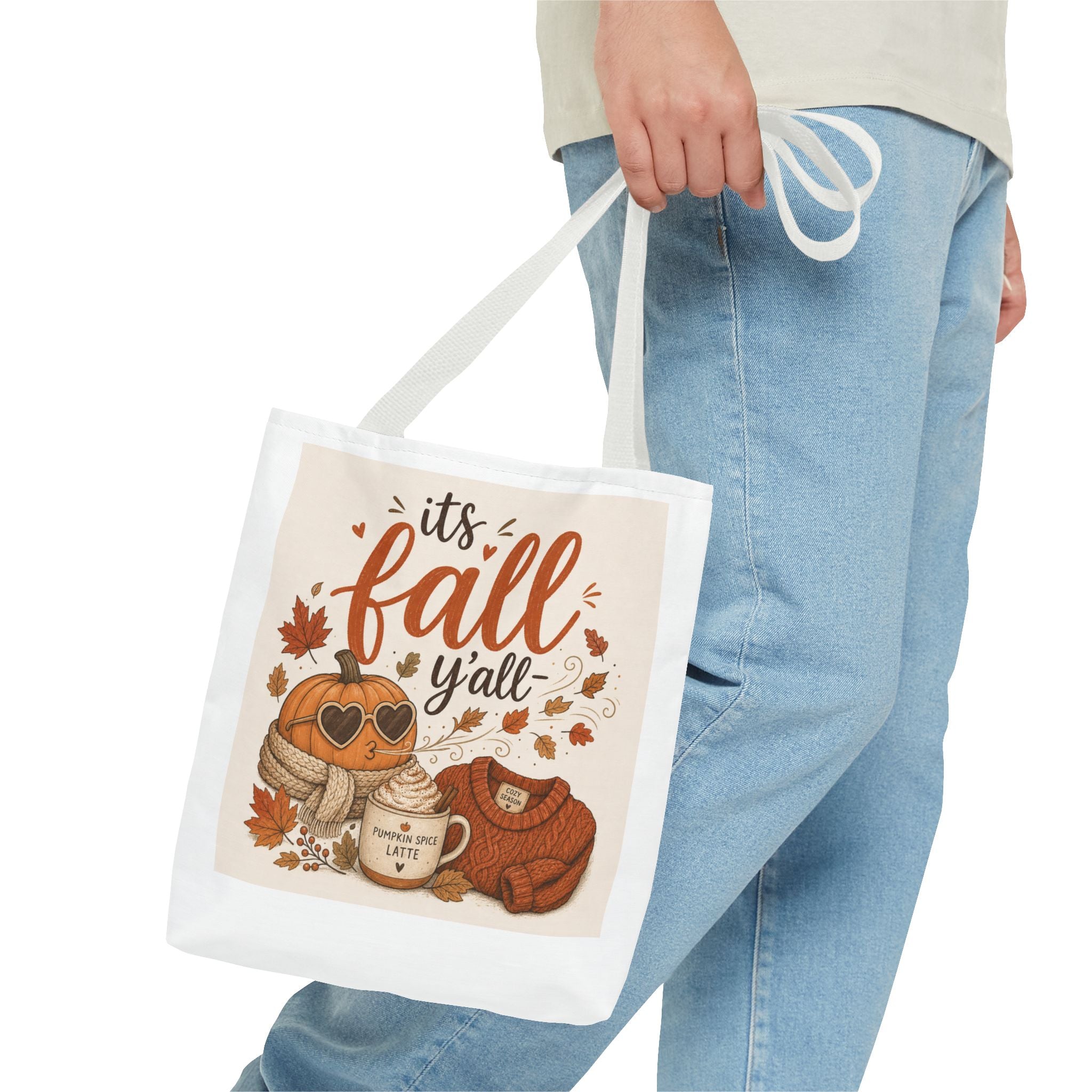 Fall Tote Bag – "It's Fall Y'all" Pumpkin Sweater Coffee Graphic