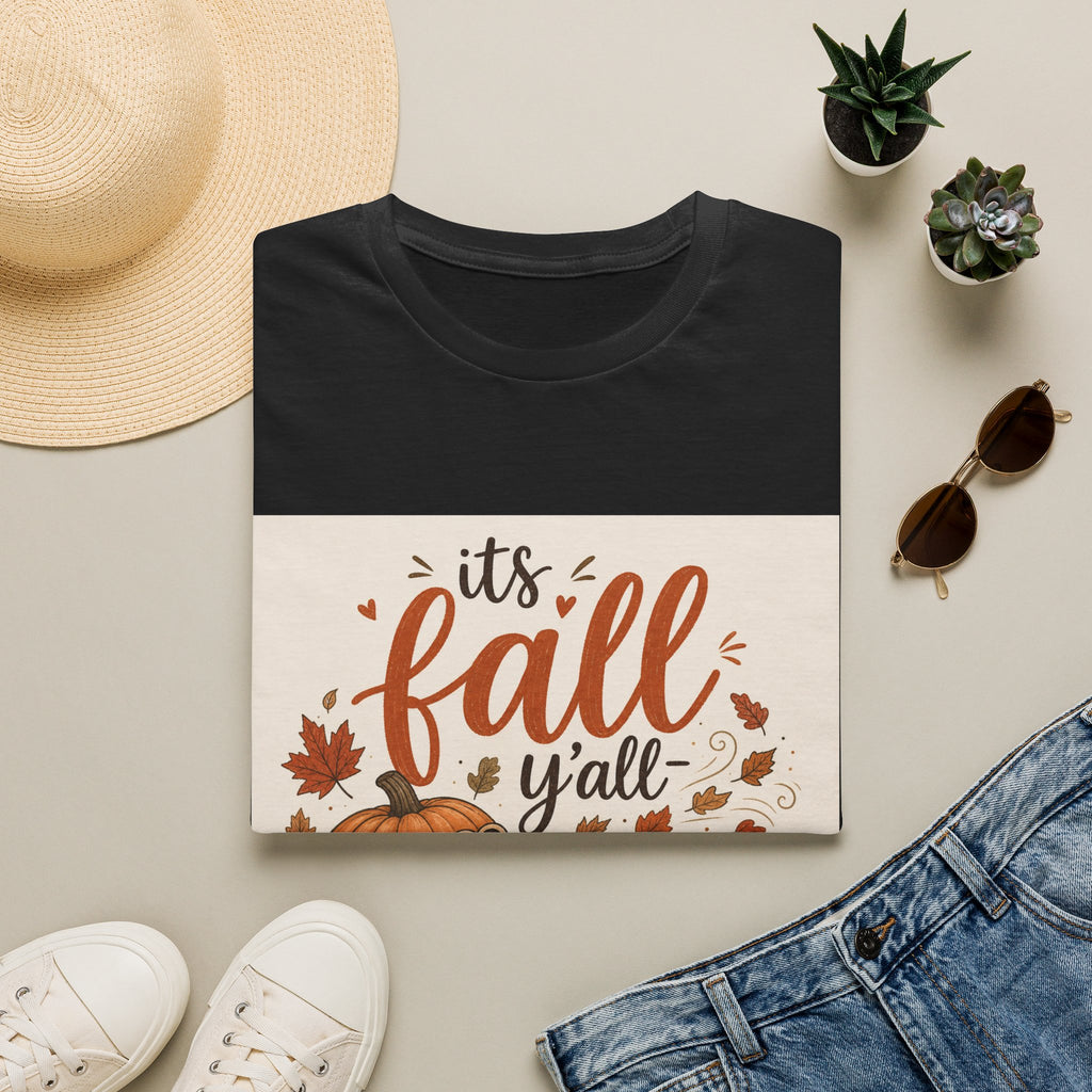 Fall Graphic T-Shirt — "It's Fall Y'all" Pumpkin & Leaves Autumn Tee