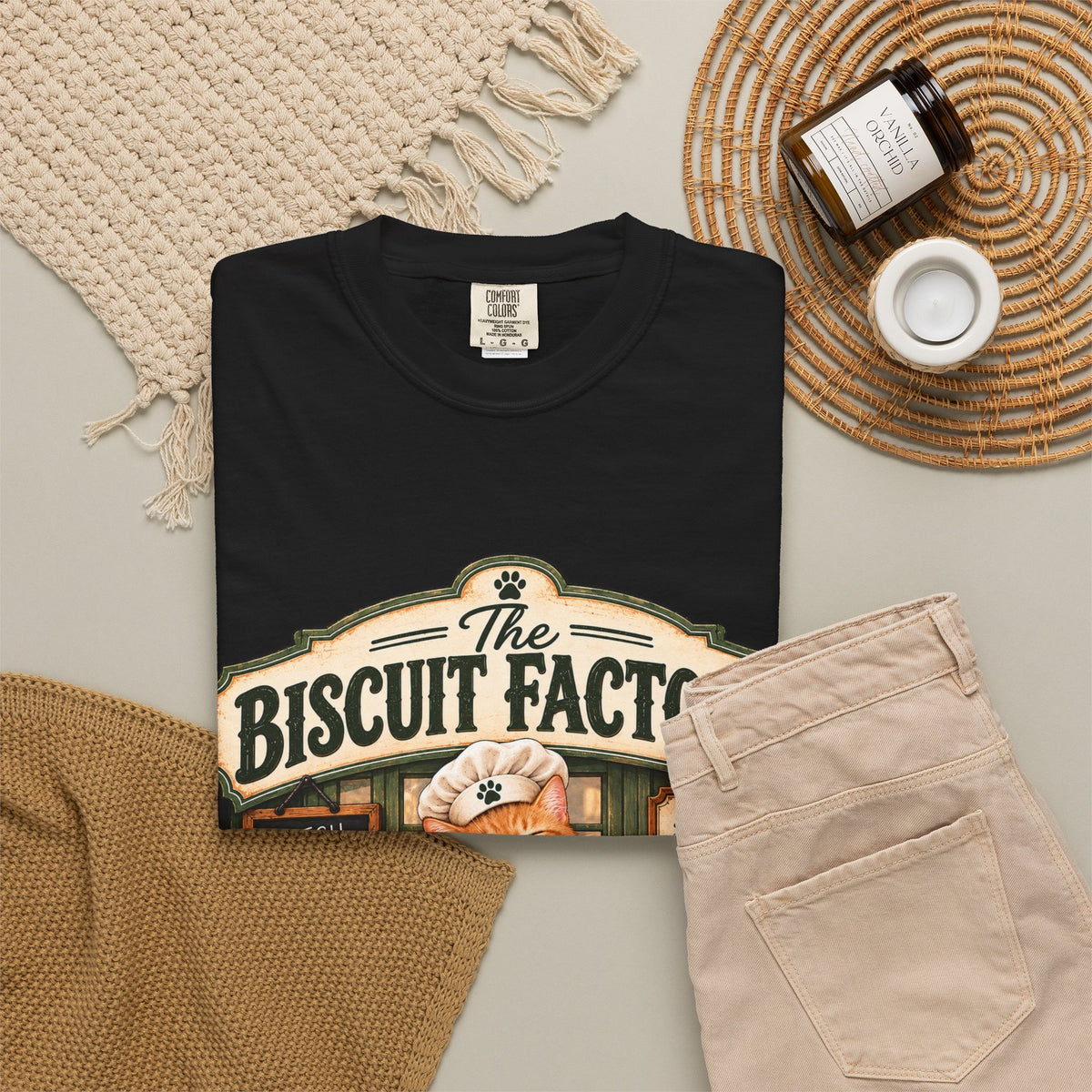 The Biscuit Factory Cat Tee — Double-Sided Bakery Cat Shirt