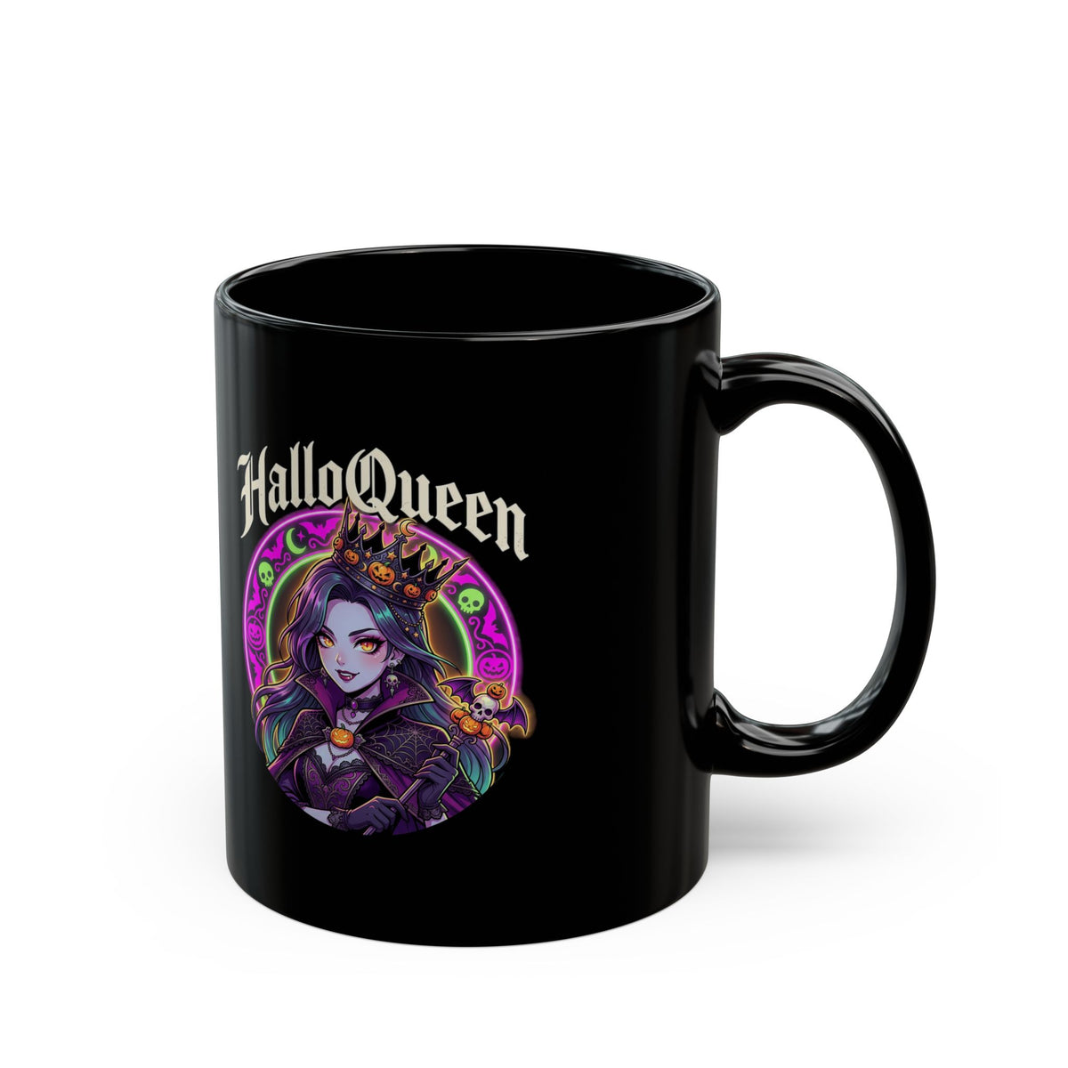 Halloween Queen Black Mug — Gothic Witch Illustration Coffee Cup (11oz/15oz)