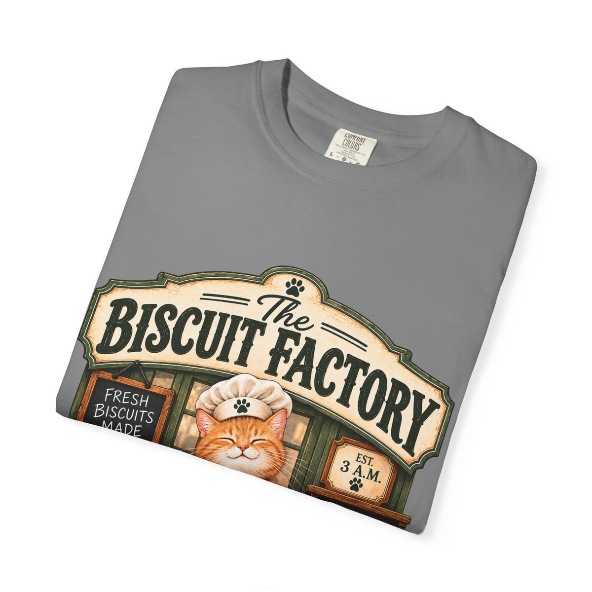 The Biscuit Factory Cat Tee — Double-Sided Bakery Cat Shirt
