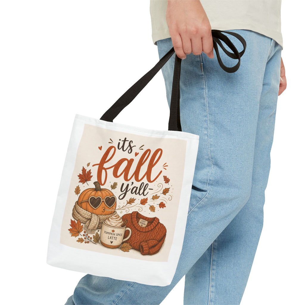 Fall Tote Bag – "It's Fall Y'all" Pumpkin Sweater Coffee Graphic