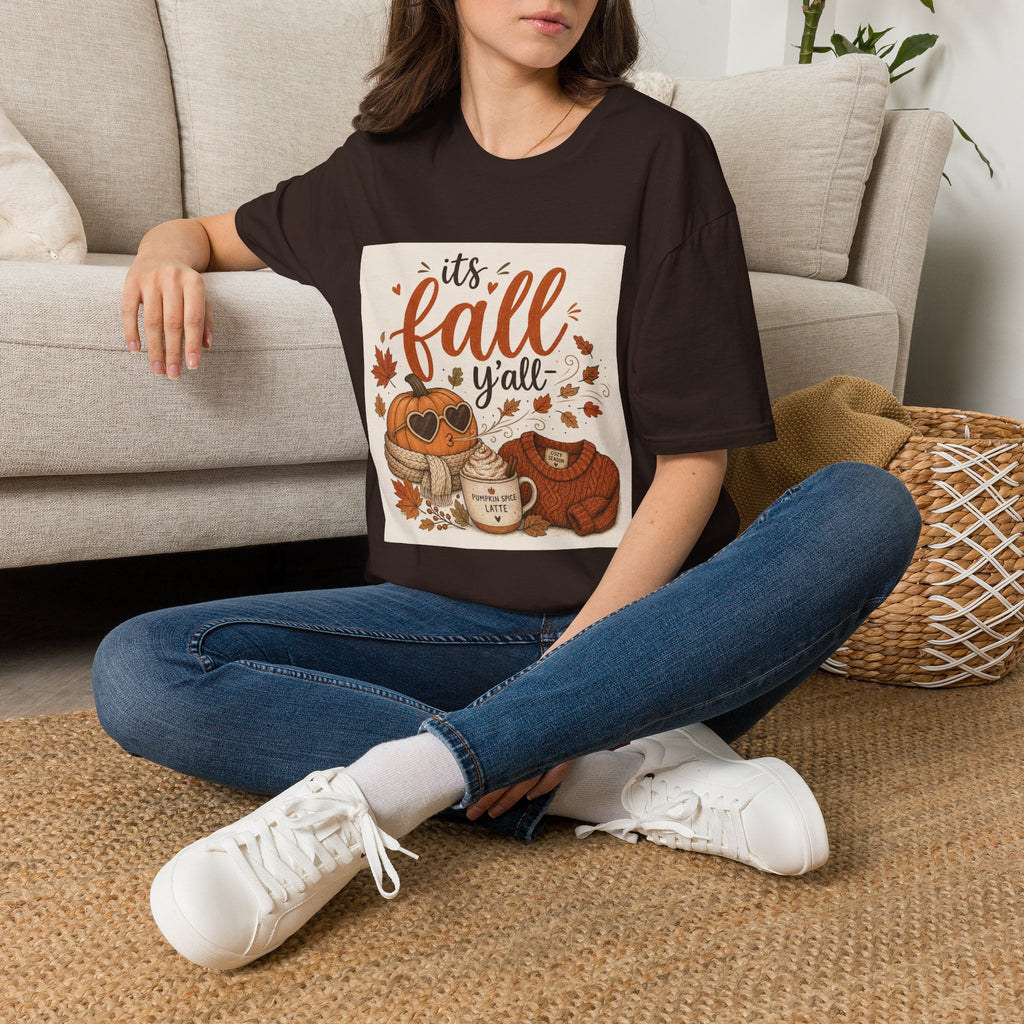 Fall Graphic T-Shirt — "It's Fall Y'all" Pumpkin & Leaves Autumn Tee
