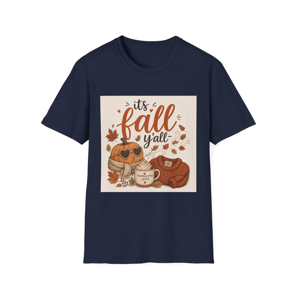 Fall Graphic T-Shirt — "It's Fall Y'all" Pumpkin & Leaves Autumn Tee