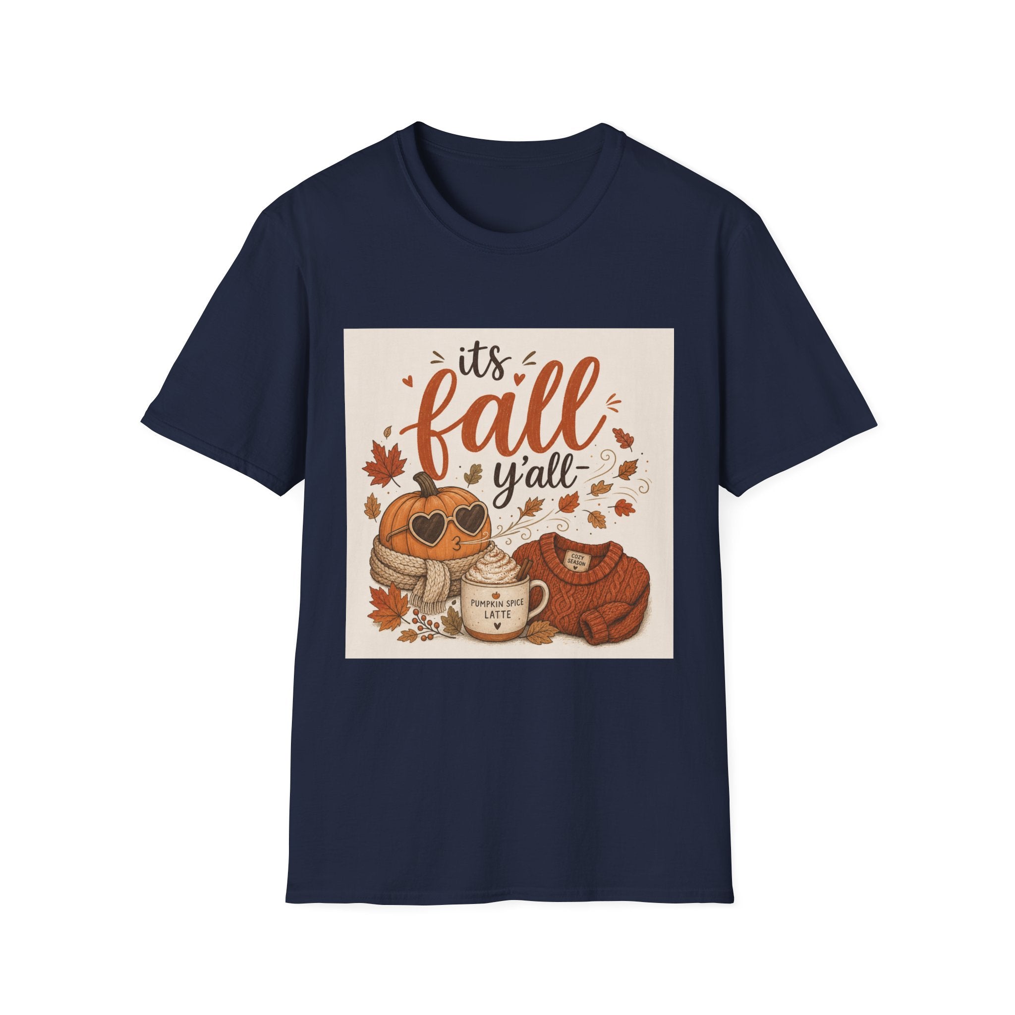 Fall Graphic T-Shirt — "It's Fall Y'all" Pumpkin & Leaves Autumn Tee