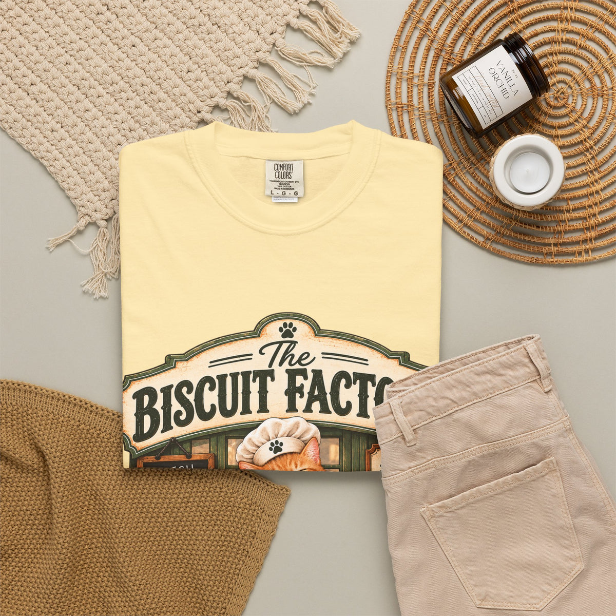 The Biscuit Factory Cat Tee — Double-Sided Bakery Cat Shirt