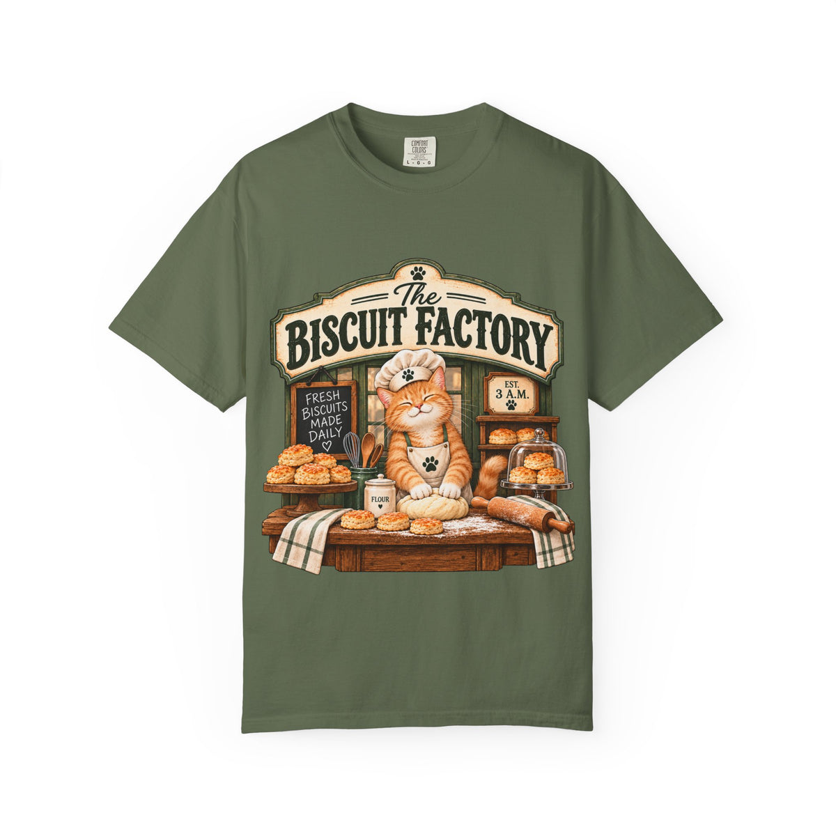 The Biscuit Factory Cat Tee — Double-Sided Bakery Cat Shirt