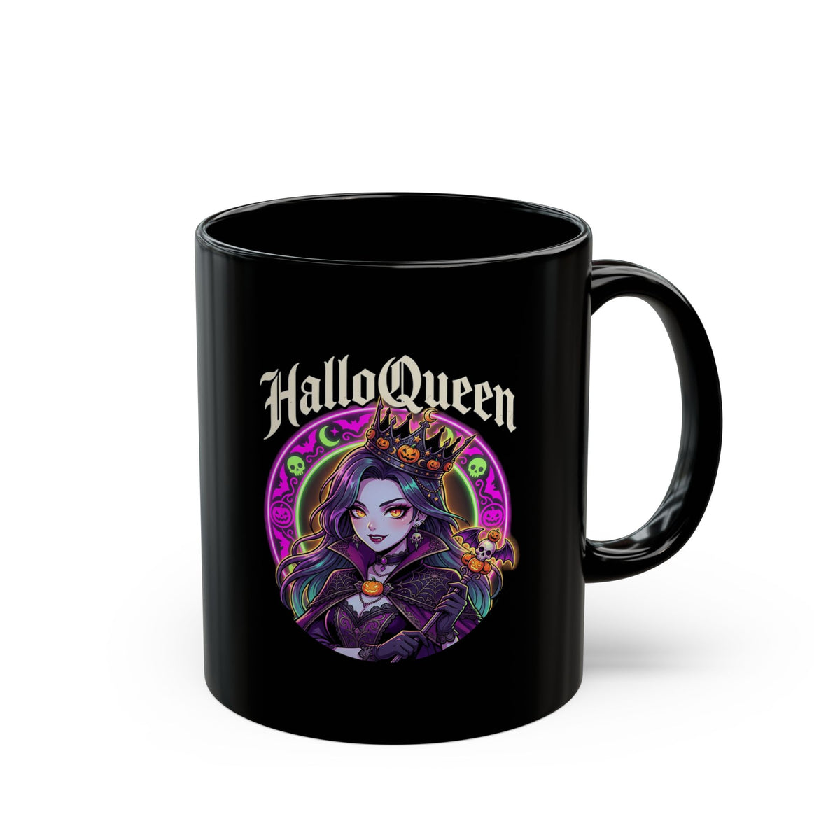 Halloween Queen Black Mug — Gothic Witch Illustration Coffee Cup (11oz/15oz)