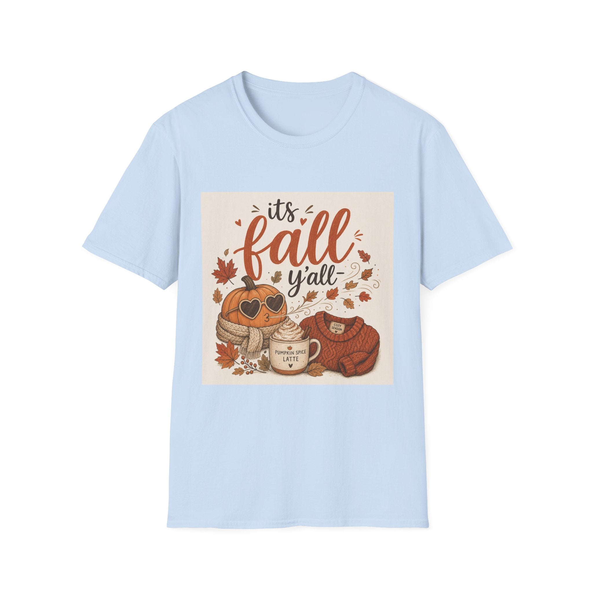 Fall Graphic T-Shirt — "It's Fall Y'all" Pumpkin & Leaves Autumn Tee