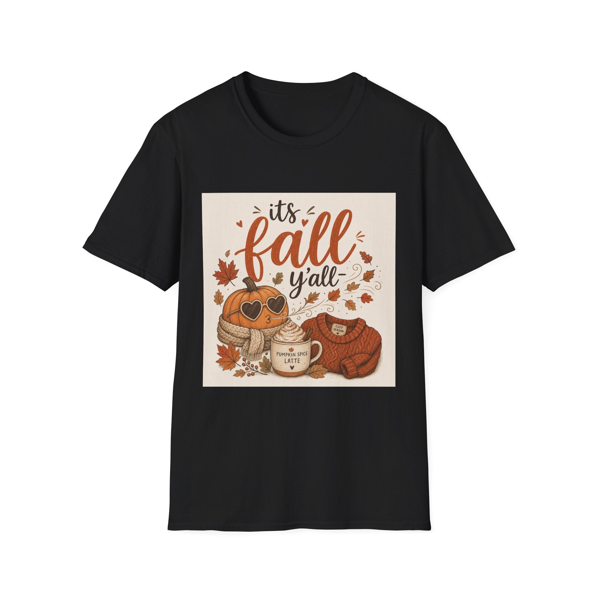 Fall Graphic T-Shirt — "It's Fall Y'all" Pumpkin & Leaves Autumn Tee