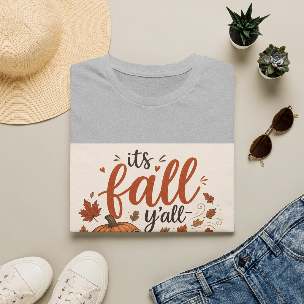 Fall Graphic T-Shirt — "It's Fall Y'all" Pumpkin & Leaves Autumn Tee