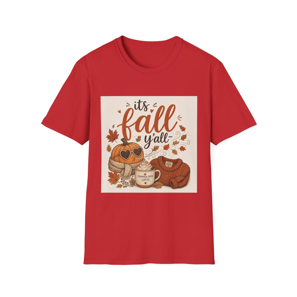 Fall Graphic T-Shirt — "It's Fall Y'all" Pumpkin & Leaves Autumn Tee