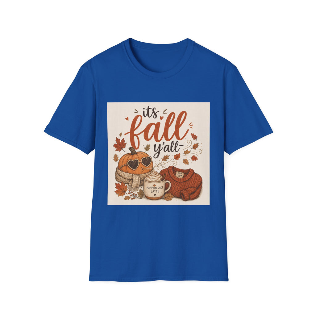 Fall Graphic T-Shirt — "It's Fall Y'all" Pumpkin & Leaves Autumn Tee