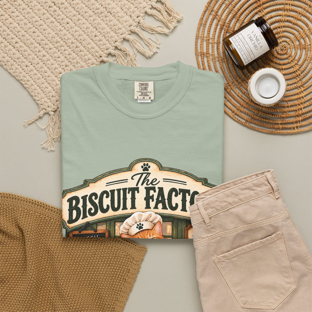 The Biscuit Factory Cat Tee — Double-Sided Bakery Cat Shirt