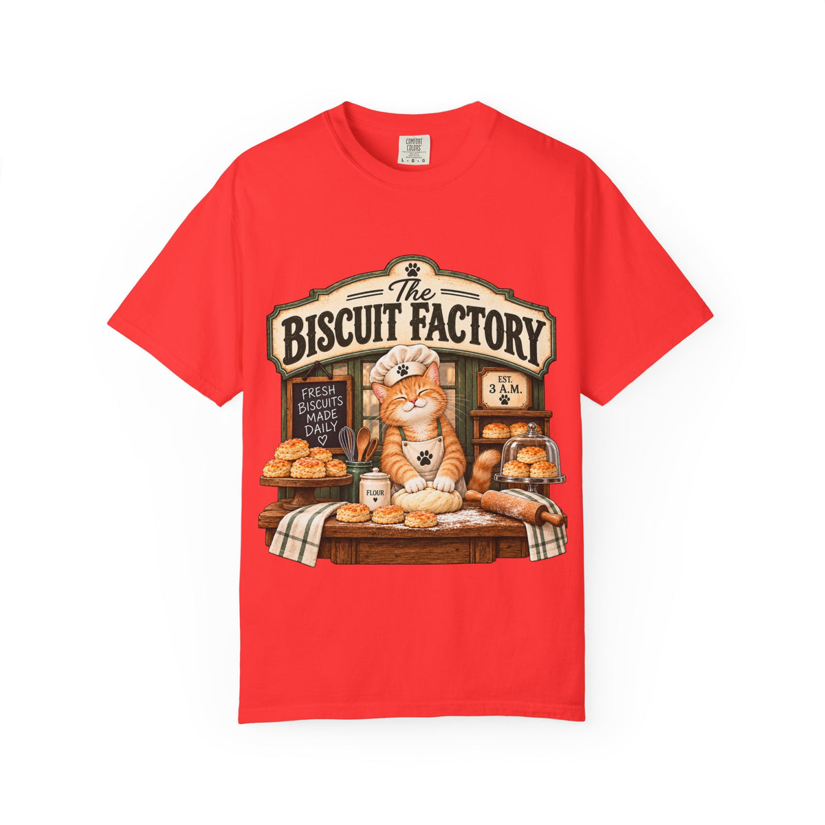 The Biscuit Factory Cat Tee — Double-Sided Bakery Cat Shirt