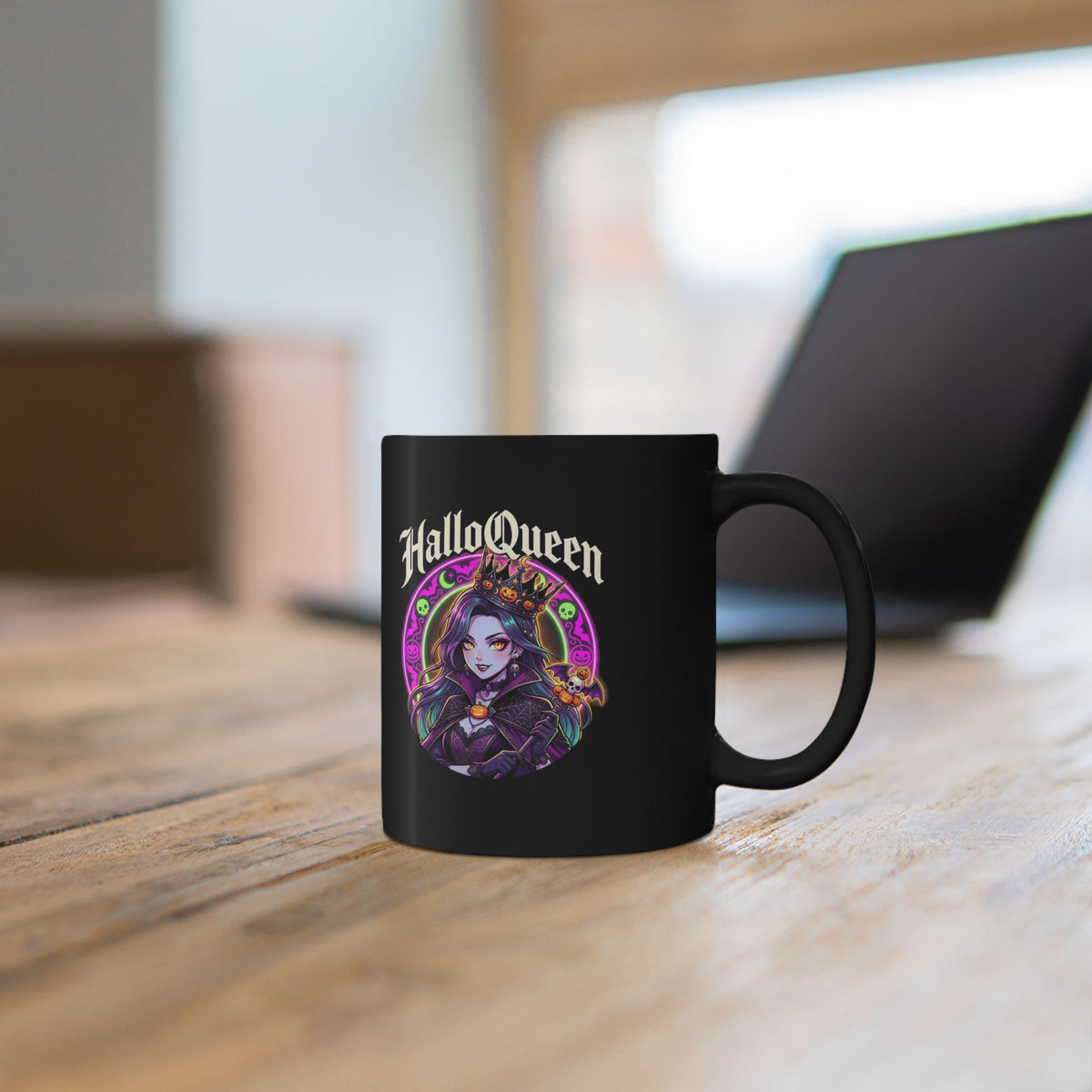 Halloween Queen Black Mug — Gothic Witch Illustration Coffee Cup (11oz/15oz)