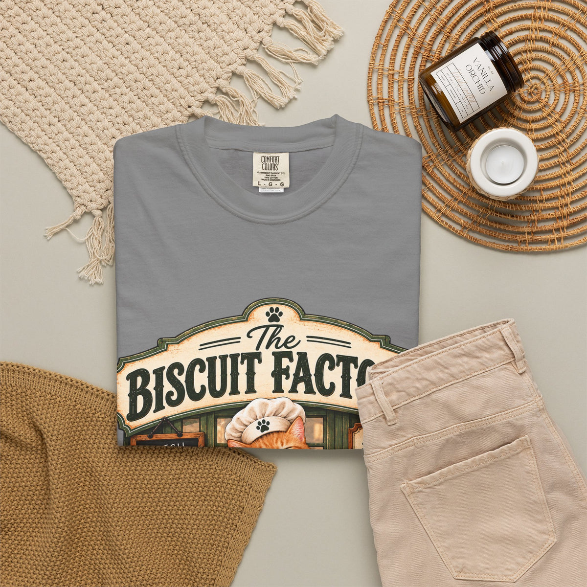 The Biscuit Factory Cat Tee — Double-Sided Bakery Cat Shirt