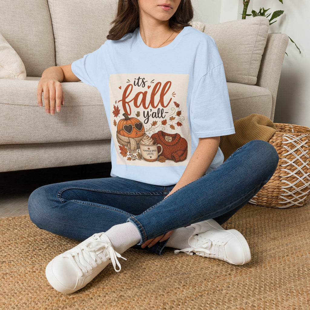 Fall Graphic T-Shirt — "It's Fall Y'all" Pumpkin & Leaves Autumn Tee