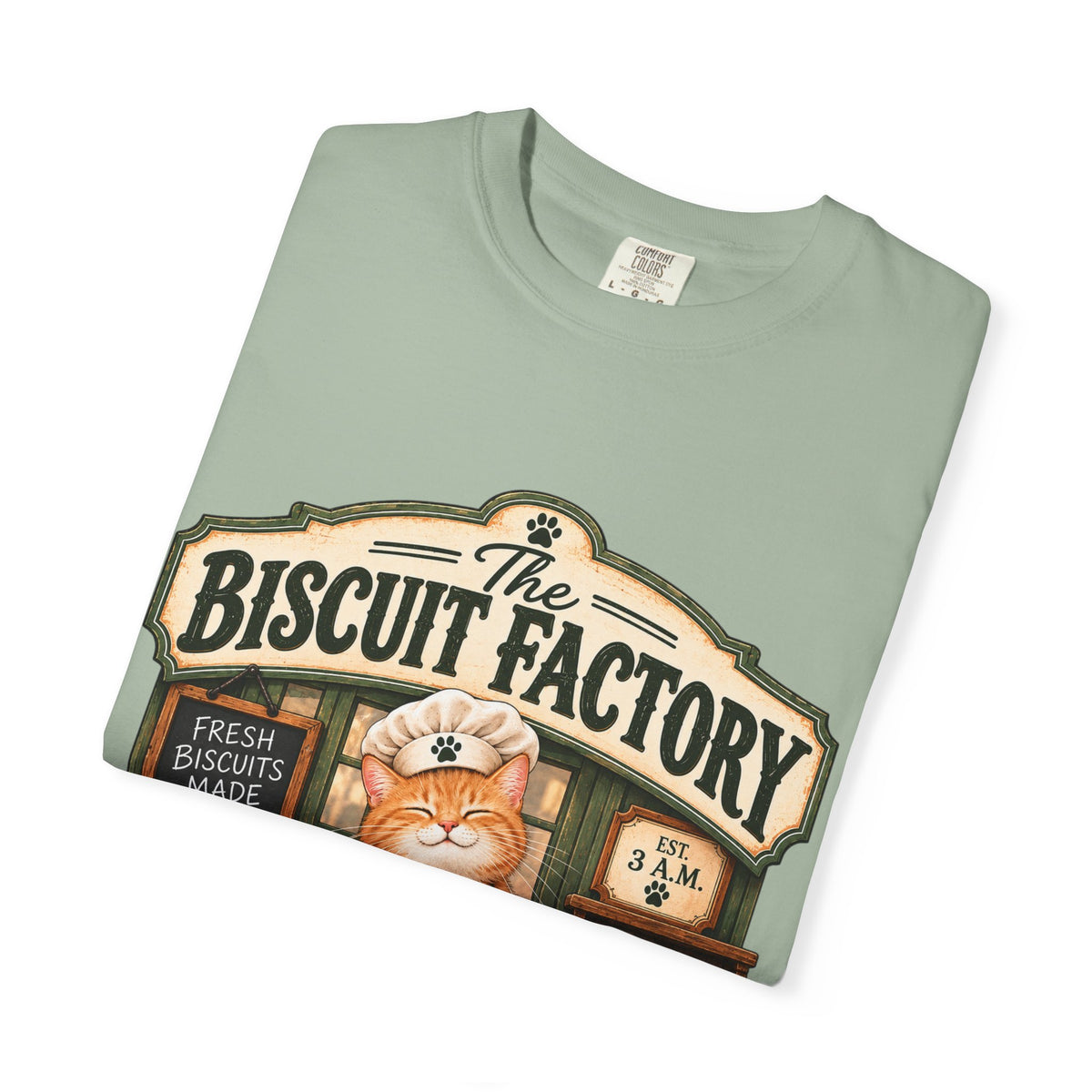 The Biscuit Factory Cat Tee — Double-Sided Bakery Cat Shirt