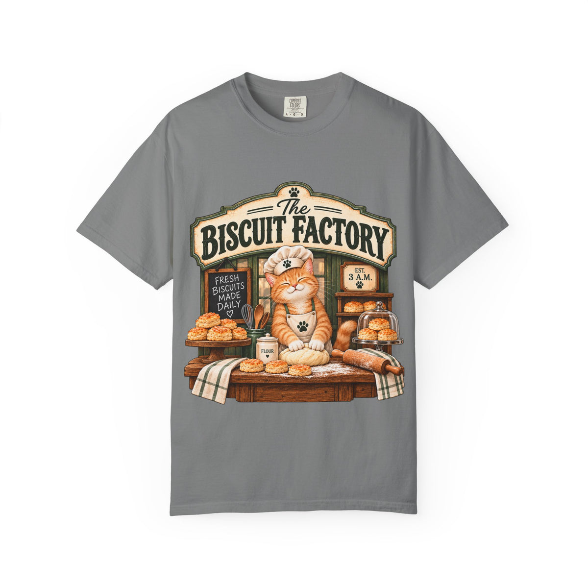 The Biscuit Factory Cat Tee — Double-Sided Bakery Cat Shirt