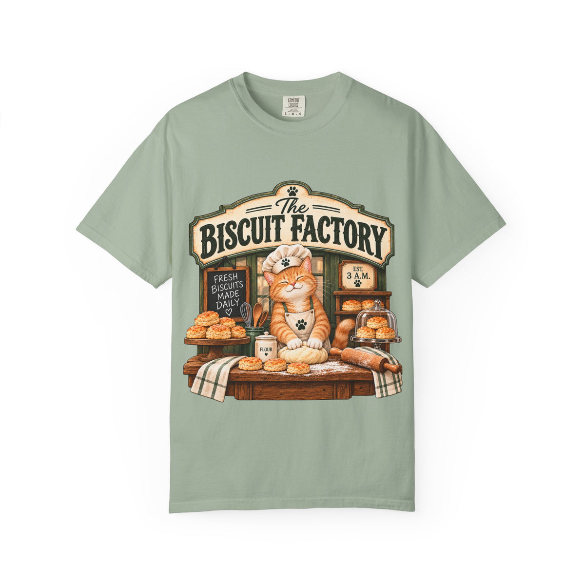 The Biscuit Factory Cat Tee — Double-Sided Bakery Cat Shirt