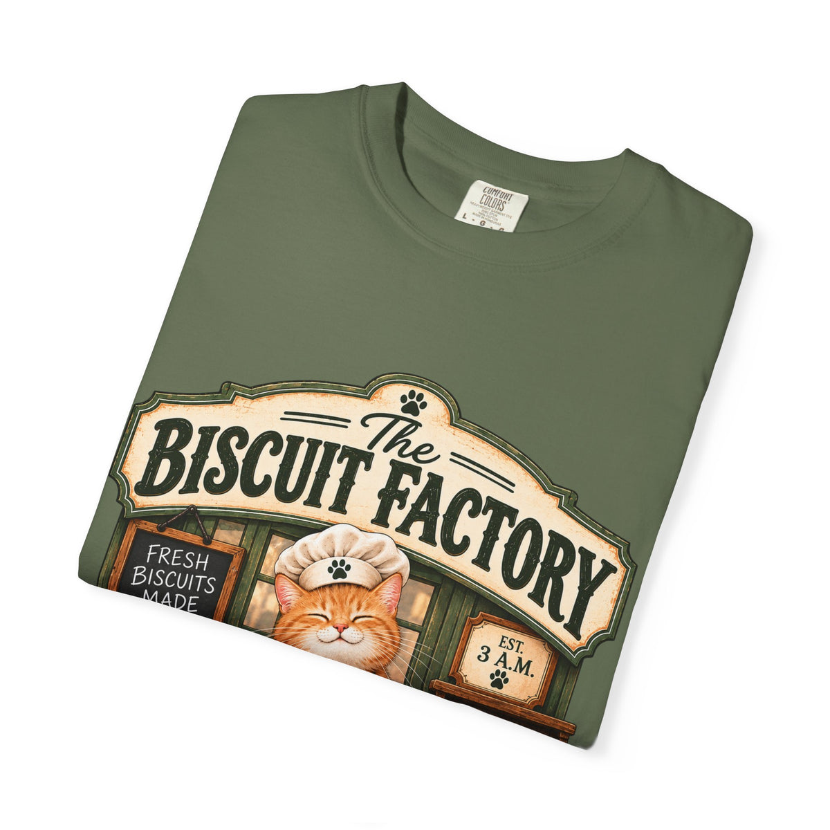 The Biscuit Factory Cat Tee — Double-Sided Bakery Cat Shirt