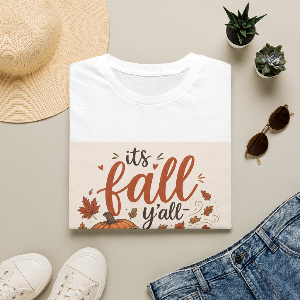 Fall Graphic T-Shirt — "It's Fall Y'all" Pumpkin & Leaves Autumn Tee