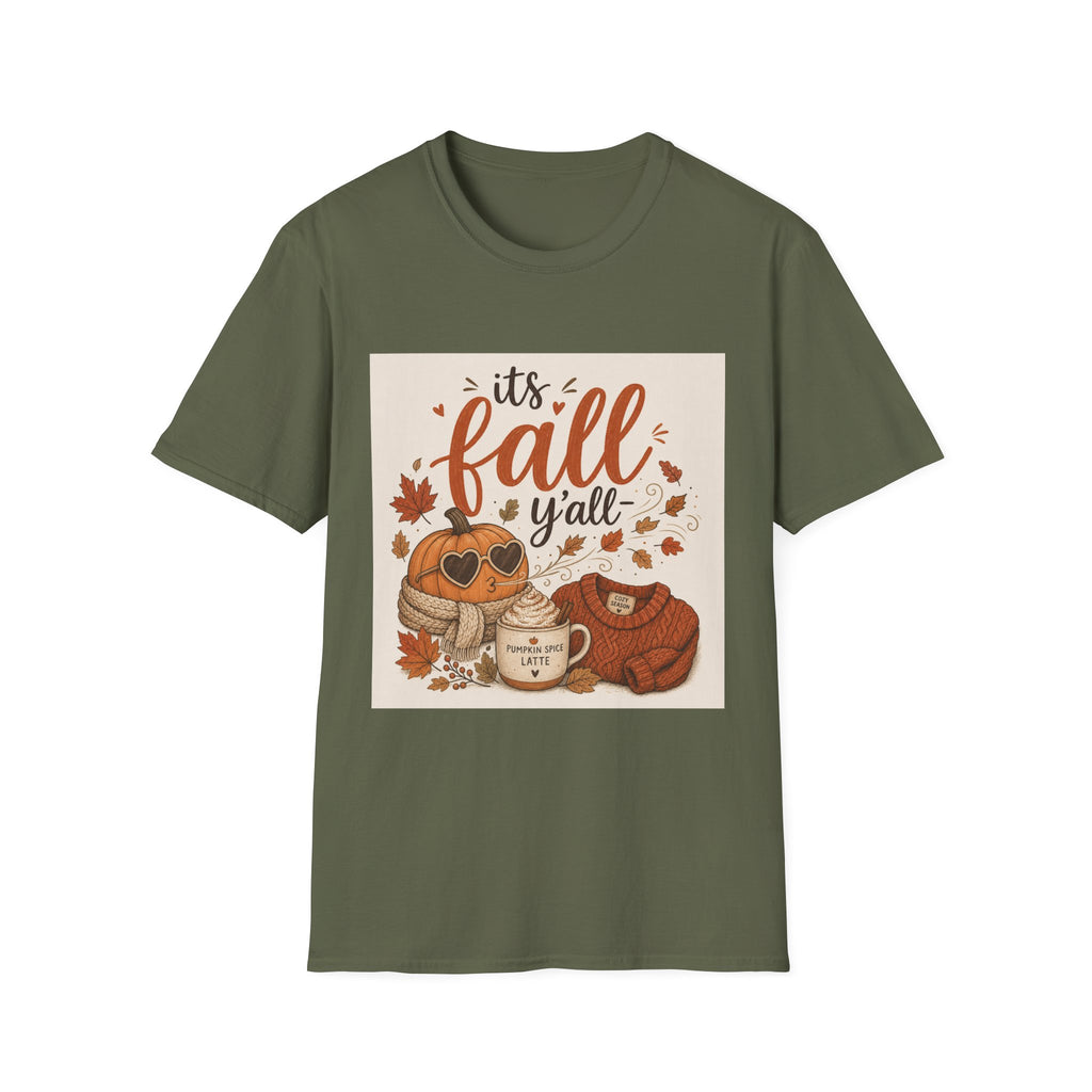 Fall Graphic T-Shirt — "It's Fall Y'all" Pumpkin & Leaves Autumn Tee