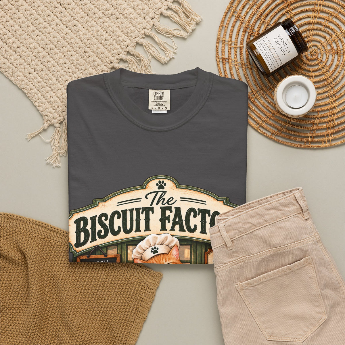 The Biscuit Factory Cat Tee — Double-Sided Bakery Cat Shirt