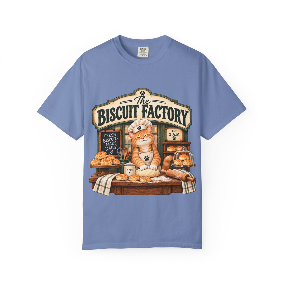 The Biscuit Factory Cat Tee — Double-Sided Bakery Cat Shirt