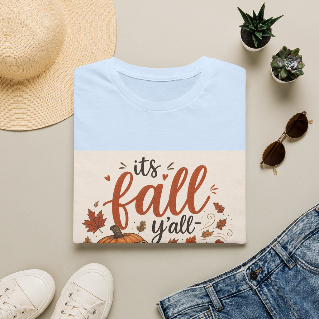 Fall Graphic T-Shirt — "It's Fall Y'all" Pumpkin & Leaves Autumn Tee