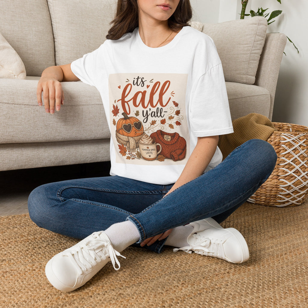 Fall Graphic T-Shirt — "It's Fall Y'all" Pumpkin & Leaves Autumn Tee