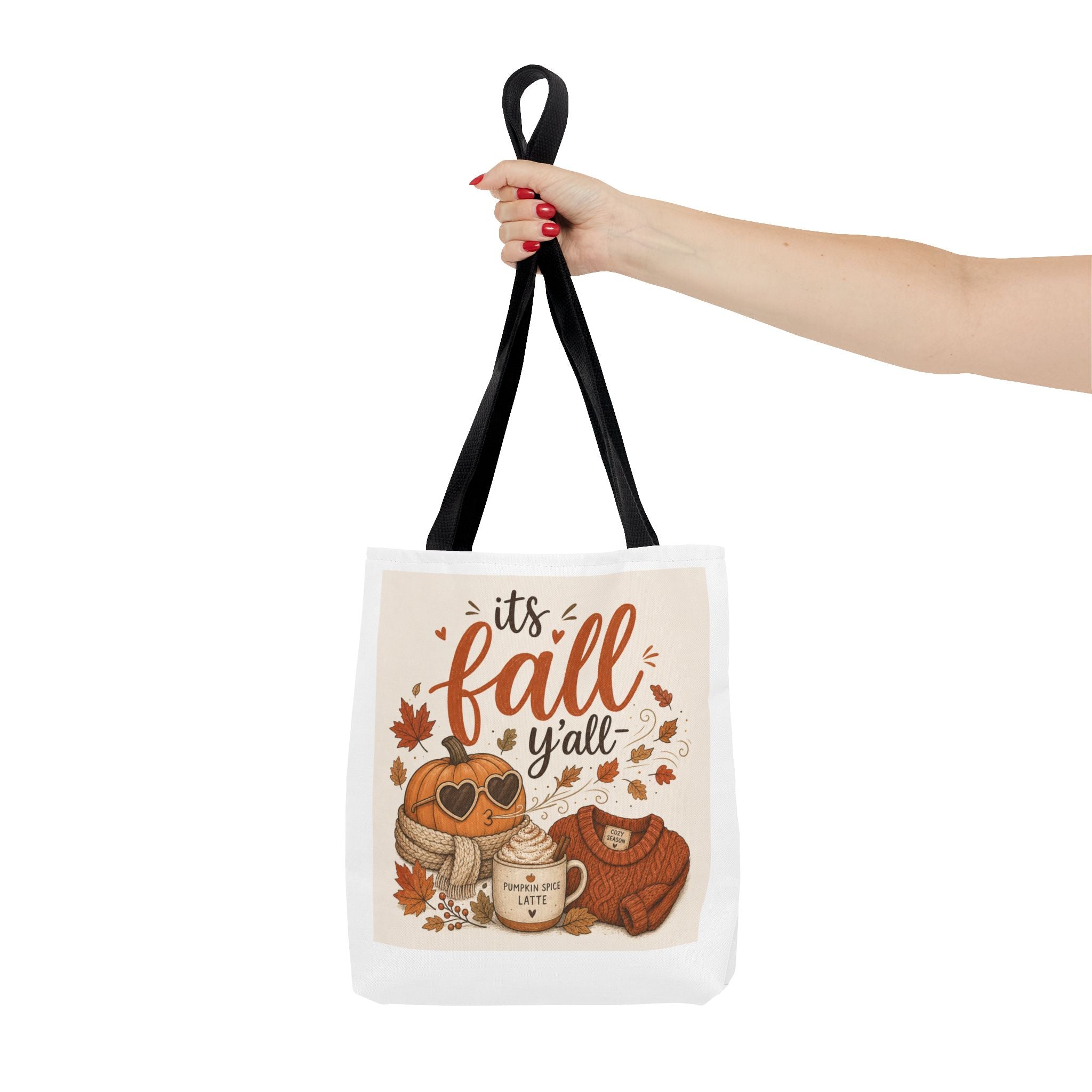 Fall Tote Bag – "It's Fall Y'all" Pumpkin Sweater Coffee Graphic