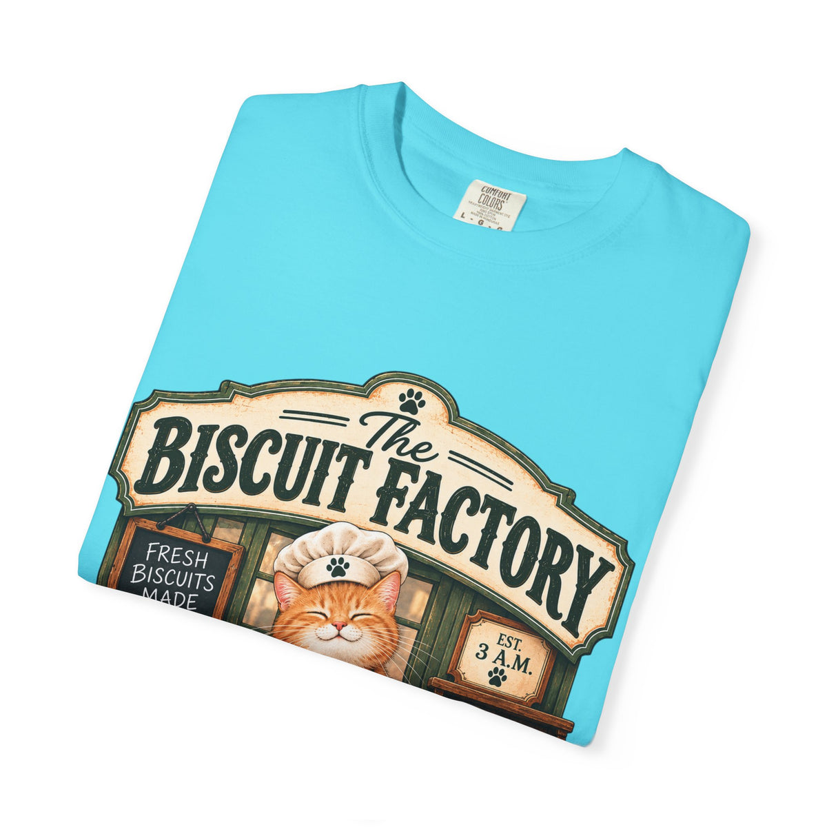 The Biscuit Factory Cat Tee — Double-Sided Bakery Cat Shirt