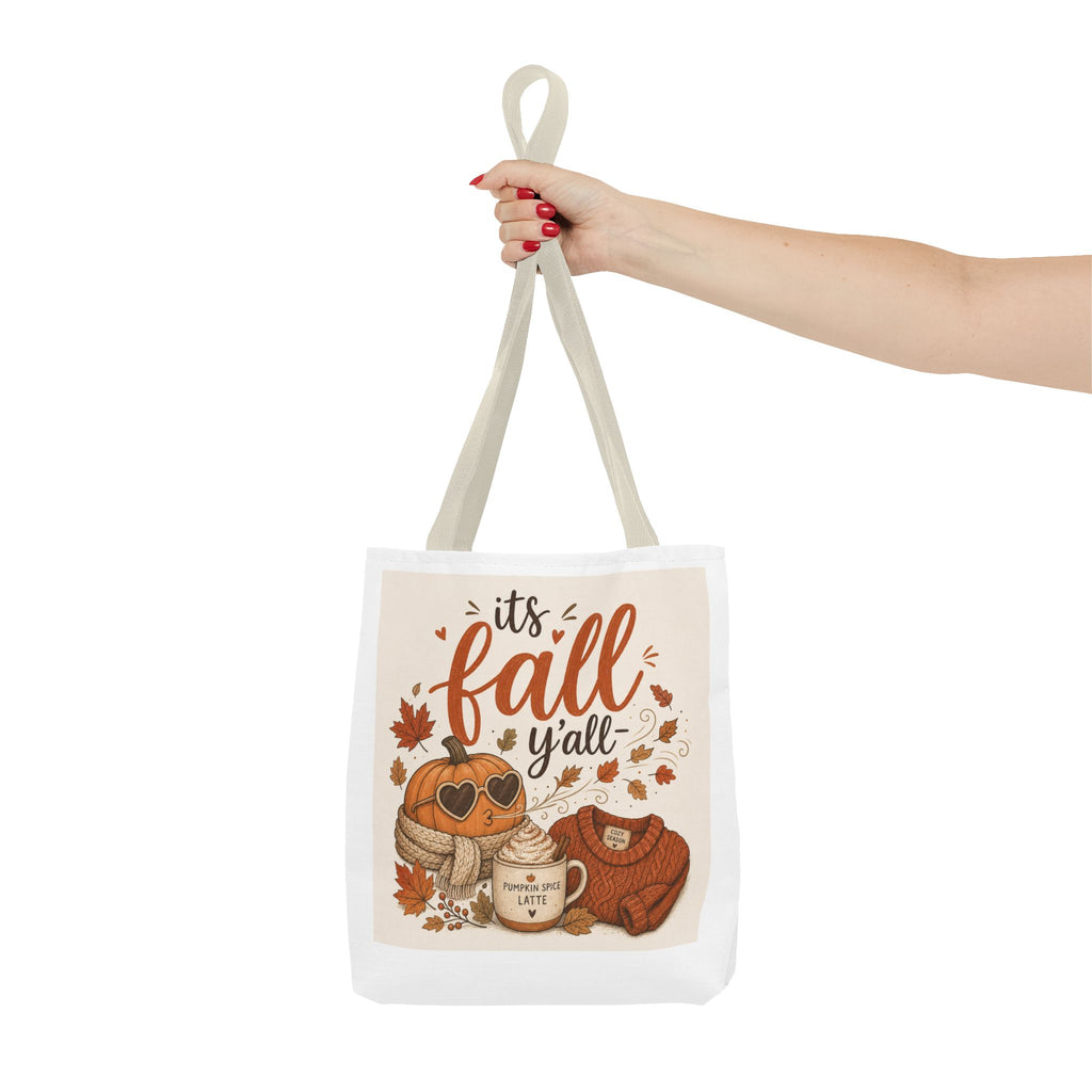 Fall Tote Bag – "It's Fall Y'all" Pumpkin Sweater Coffee Graphic