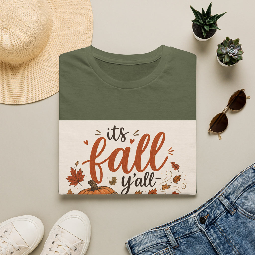 Fall Graphic T-Shirt — "It's Fall Y'all" Pumpkin & Leaves Autumn Tee