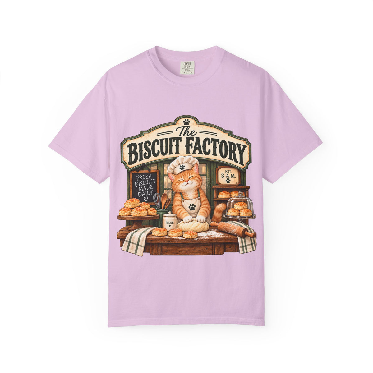 The Biscuit Factory Cat Tee — Double-Sided Bakery Cat Shirt