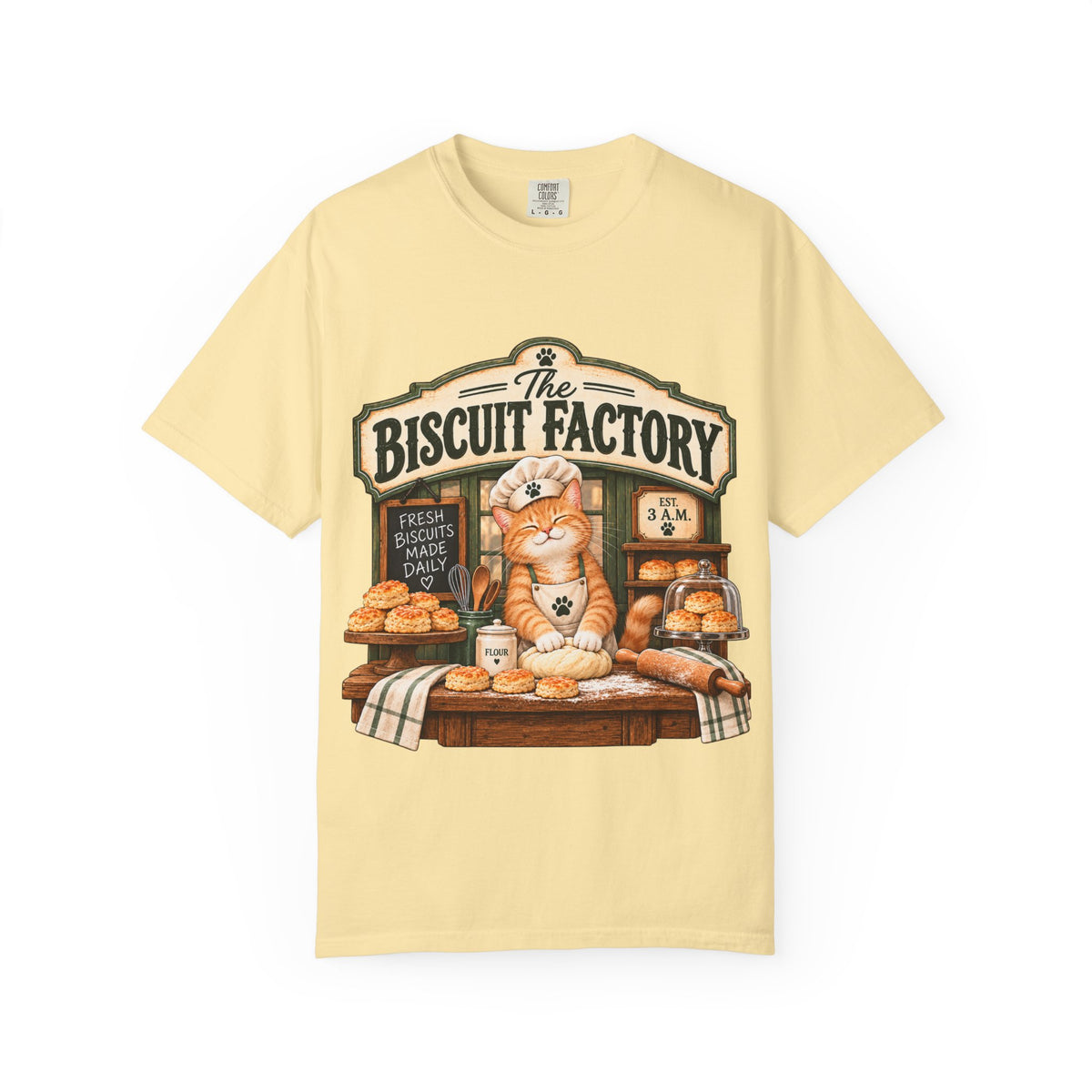 The Biscuit Factory Cat Tee — Double-Sided Bakery Cat Shirt
