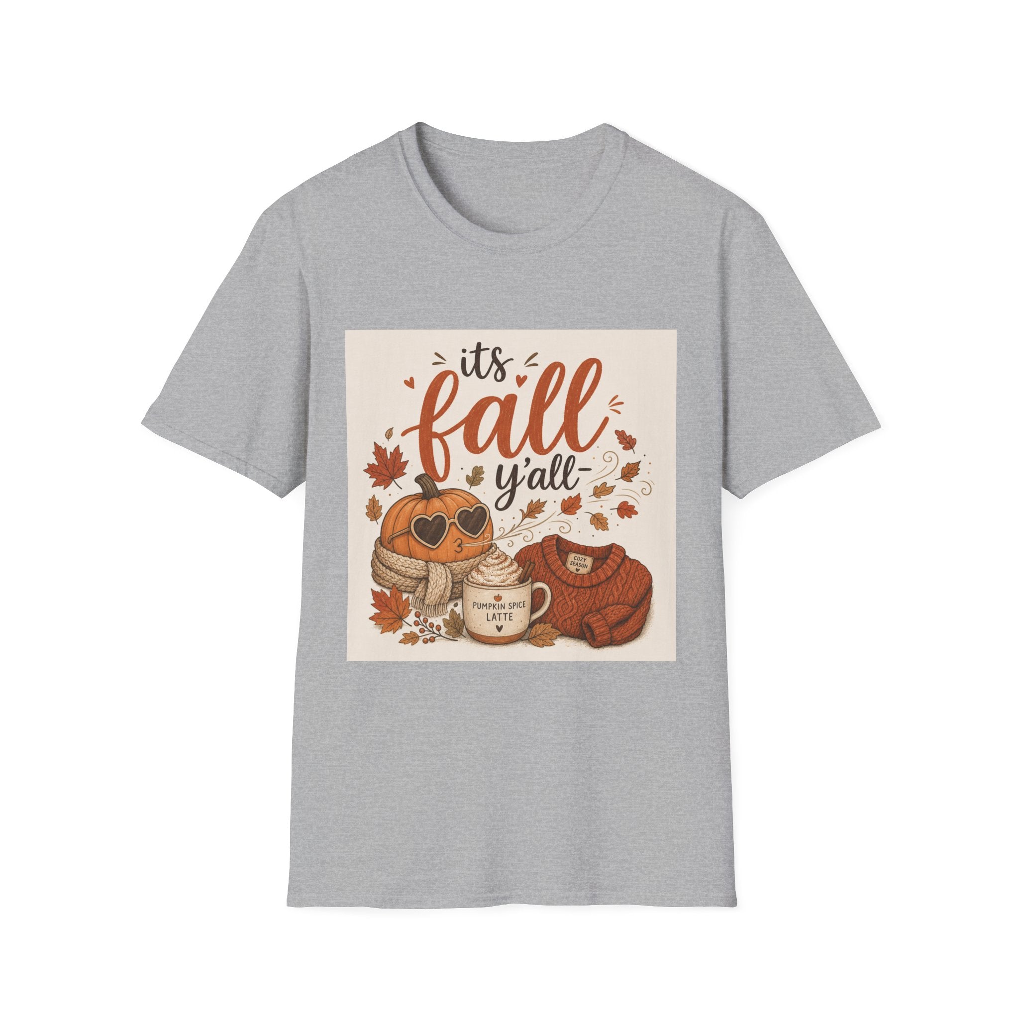 Fall Graphic T-Shirt — "It's Fall Y'all" Pumpkin & Leaves Autumn Tee