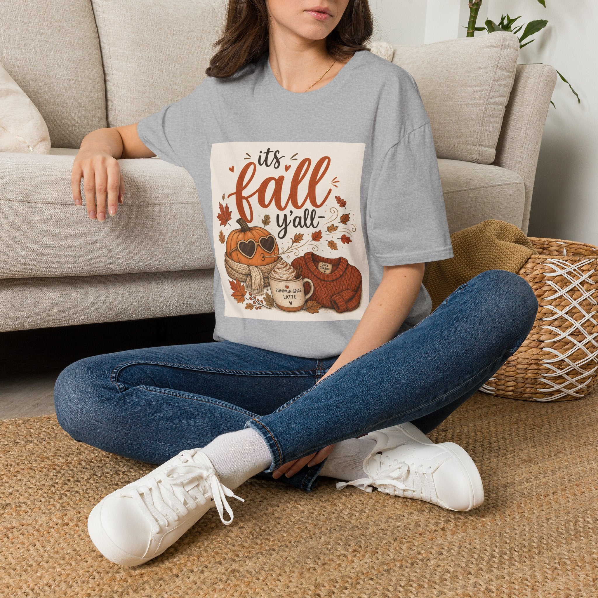 Fall Graphic T-Shirt — "It's Fall Y'all" Pumpkin & Leaves Autumn Tee