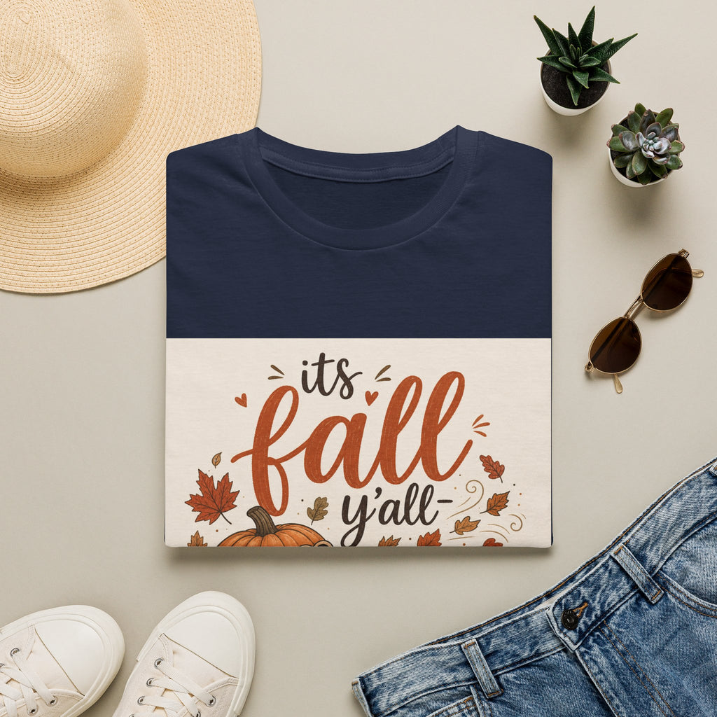 Fall Graphic T-Shirt — "It's Fall Y'all" Pumpkin & Leaves Autumn Tee